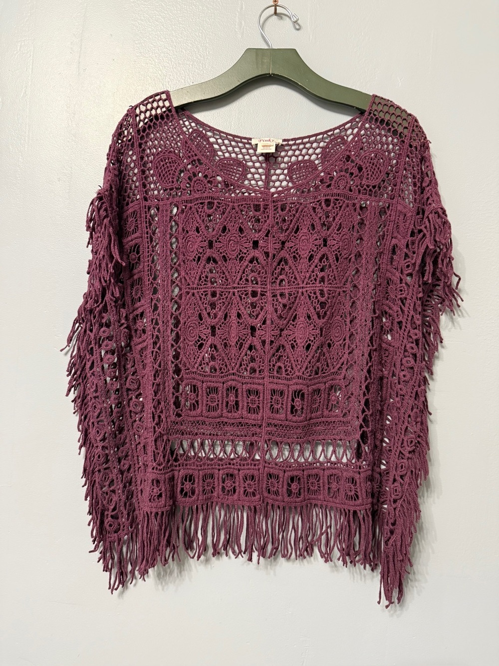 #18) Crochet Fringe Sweater Poncho - Plum